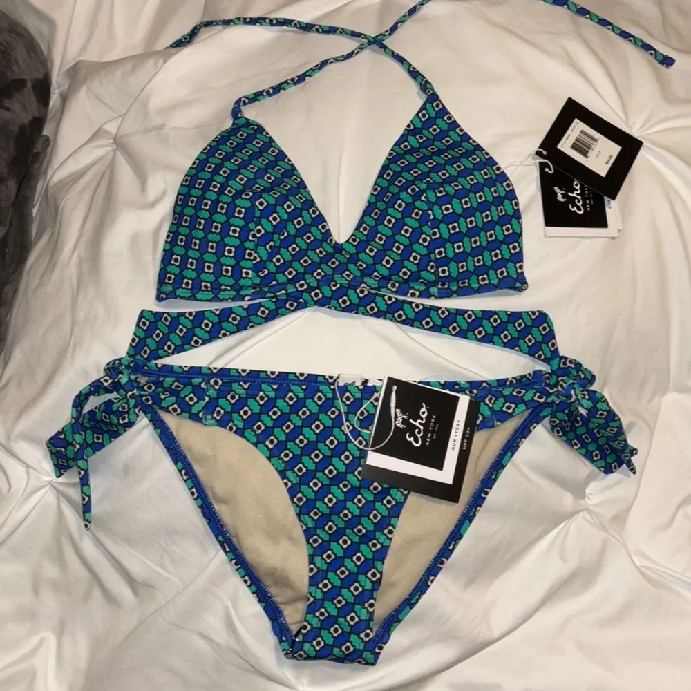 Echo Bikini Set S/XS Triangle String Sz Small Top XS Bottoms Blue Green NWT NEW